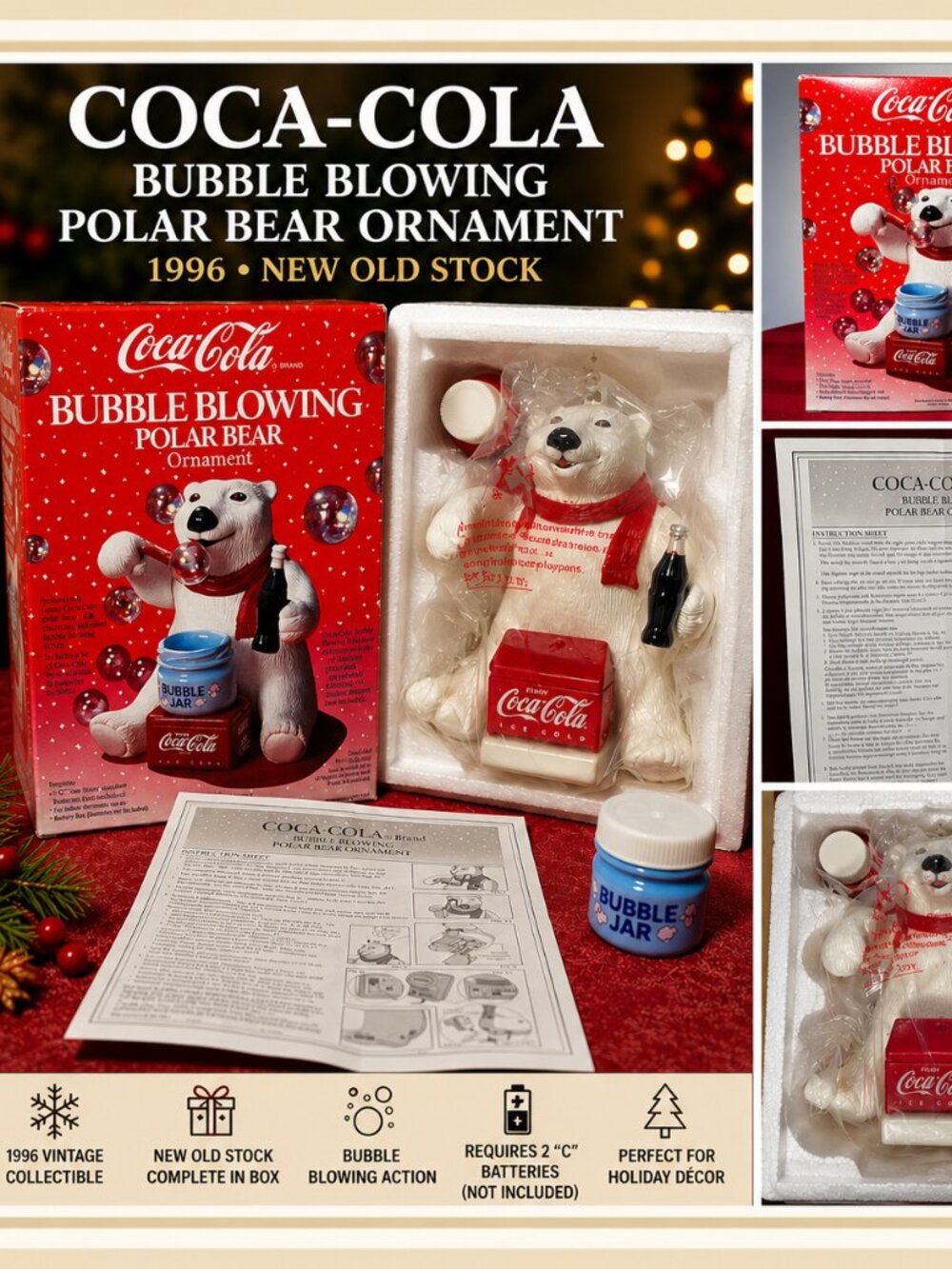 Coca-Cola Bubble Blowing Polar Bear Ornament NOS 1996 Animated Christmas Decor w